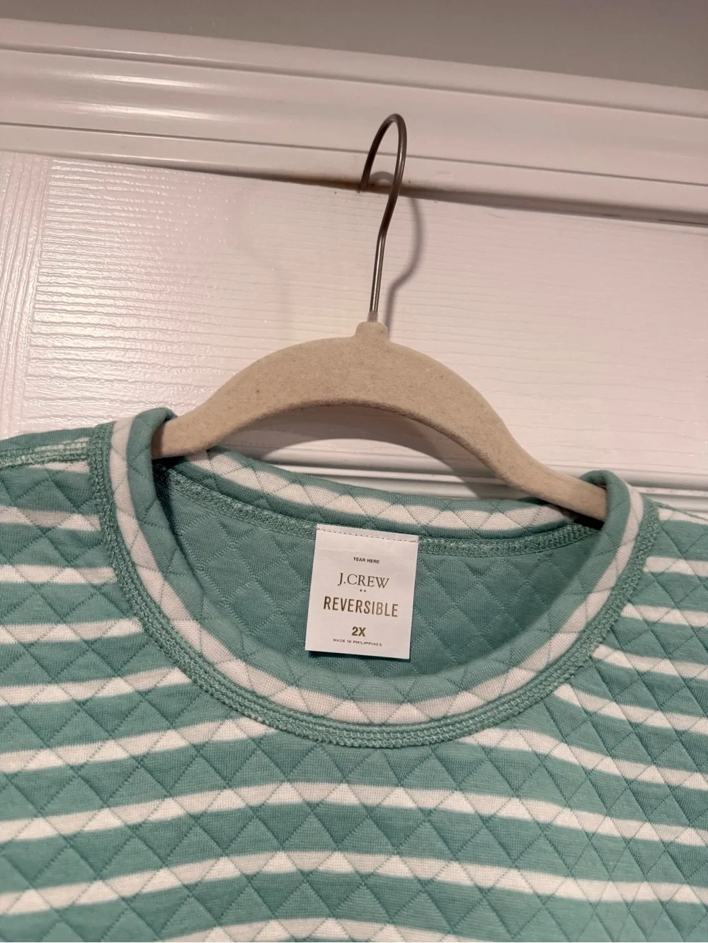 NWOT J. Crew Size 2X Mint Green Cream Reversible Quilted Striped Crew Sweatshirt